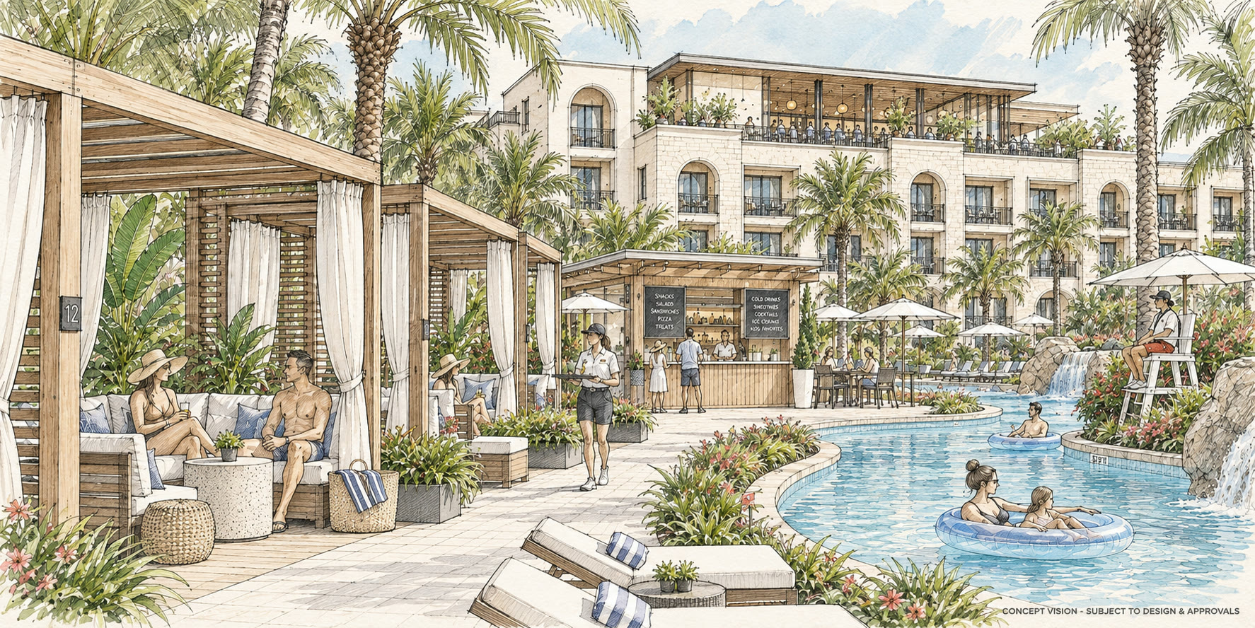 Westside Pointe concept sketch with resort pool, cabanas, and rooftop terrace